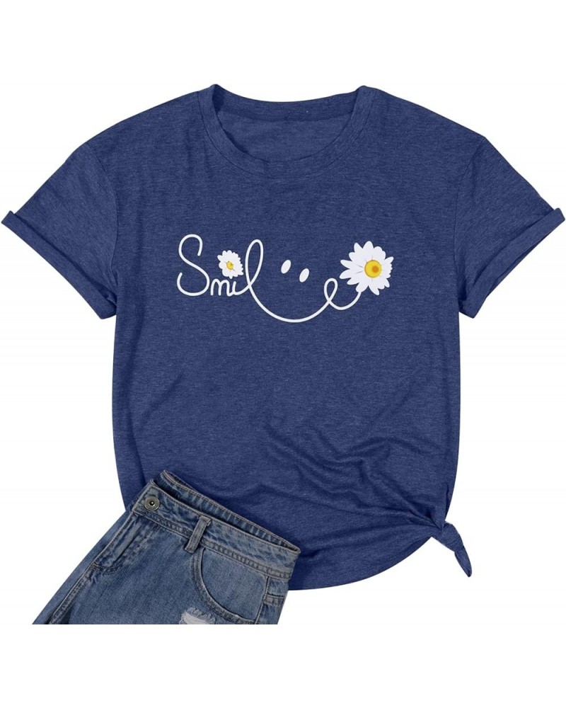 Smile Shirt Women Smile Daisy Inspirational T-Shirt Happy Face Prints Shirts Funny Positive Tee Tops Blue $8.84 T-Shirts