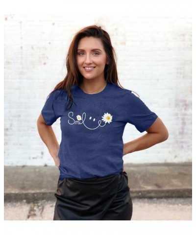 Smile Shirt Women Smile Daisy Inspirational T-Shirt Happy Face Prints Shirts Funny Positive Tee Tops Blue $8.84 T-Shirts