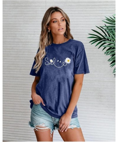 Smile Shirt Women Smile Daisy Inspirational T-Shirt Happy Face Prints Shirts Funny Positive Tee Tops Blue $8.84 T-Shirts