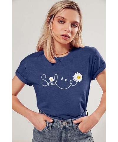 Smile Shirt Women Smile Daisy Inspirational T-Shirt Happy Face Prints Shirts Funny Positive Tee Tops Blue $8.84 T-Shirts