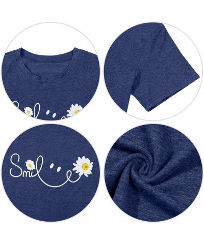 Smile Shirt Women Smile Daisy Inspirational T-Shirt Happy Face Prints Shirts Funny Positive Tee Tops Blue $8.84 T-Shirts