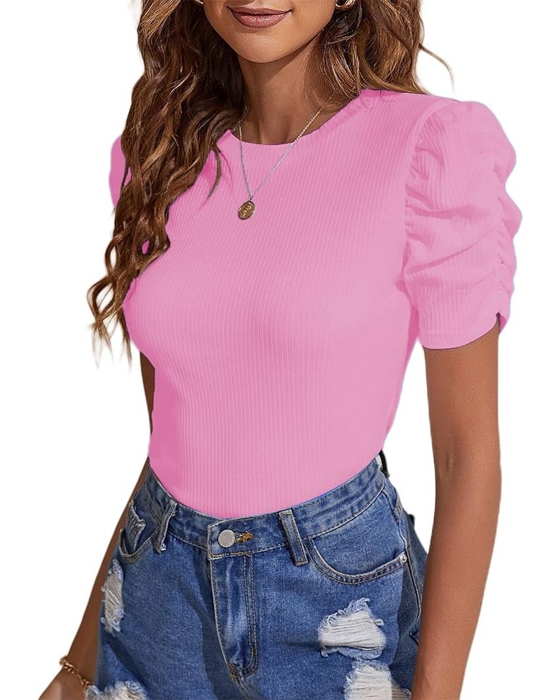 Women's Casual Puff Short Sleeve Top Crewneck Solid Slim Fit T Shirt Blouse B-pink $13.71 Blouses