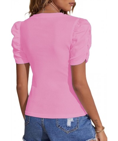 Women's Casual Puff Short Sleeve Top Crewneck Solid Slim Fit T Shirt Blouse B-pink $13.71 Blouses