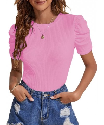 Women's Casual Puff Short Sleeve Top Crewneck Solid Slim Fit T Shirt Blouse B-pink $13.71 Blouses