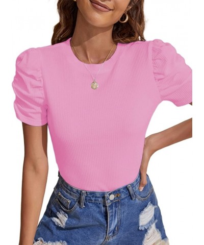 Women's Casual Puff Short Sleeve Top Crewneck Solid Slim Fit T Shirt Blouse B-pink $13.71 Blouses