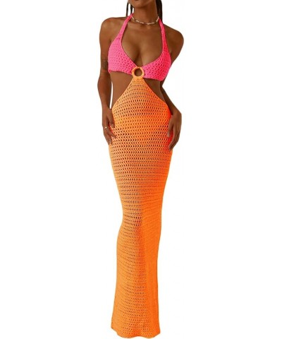 Women Knitted Halter Neck Maxi Dress Sleeveless Tie Backless Hollow Out Dress Bodycon Cutout Summer Beach Dress Halter Orange...