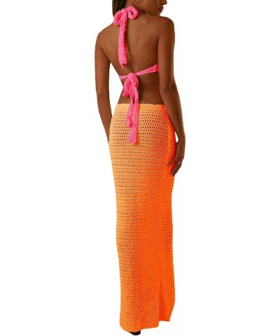 Women Knitted Halter Neck Maxi Dress Sleeveless Tie Backless Hollow Out Dress Bodycon Cutout Summer Beach Dress Halter Orange...