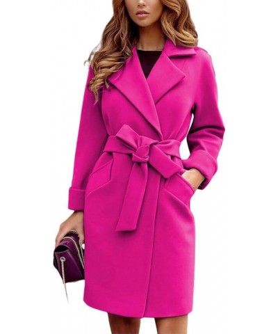 Women's Fashion Notch Lapel Self-Tie Belted Slim Fit Mid-Long Coat Outwear with Pockets Rose Red $25.77 Jackets