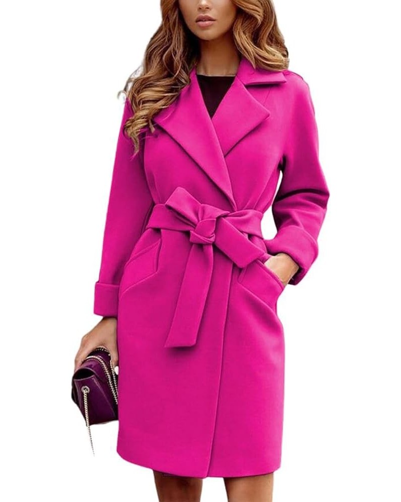 Women's Fashion Notch Lapel Self-Tie Belted Slim Fit Mid-Long Coat Outwear with Pockets Rose Red $25.77 Jackets