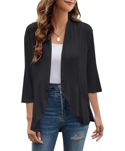 Women Cardigan 3/4 Sleeves Open Front Lightweight Cardigan Draped Ruffles Knit Cardigan Black $19.17 Sweaters