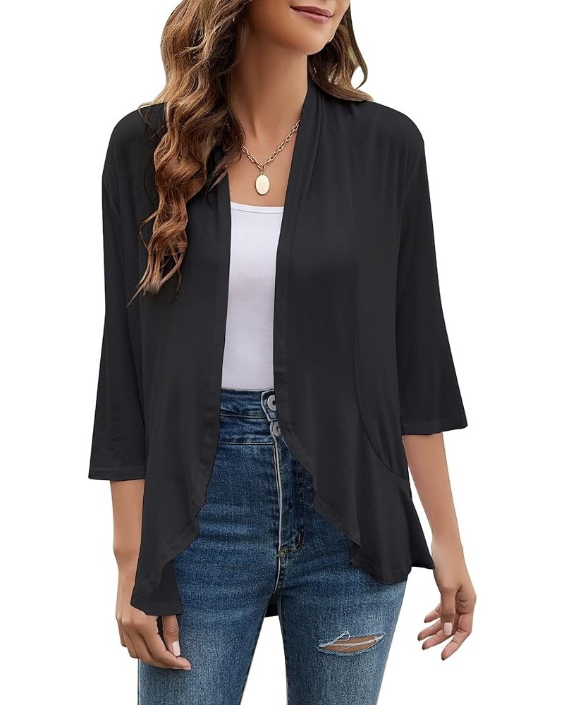 Women Cardigan 3/4 Sleeves Open Front Lightweight Cardigan Draped Ruffles Knit Cardigan Black $19.17 Sweaters