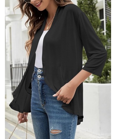 Women Cardigan 3/4 Sleeves Open Front Lightweight Cardigan Draped Ruffles Knit Cardigan Black $19.17 Sweaters