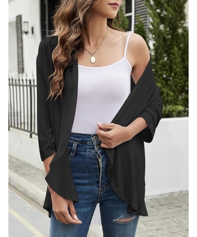 Women Cardigan 3/4 Sleeves Open Front Lightweight Cardigan Draped Ruffles Knit Cardigan Black $19.17 Sweaters