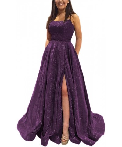 Women's Glitter Prom Dresses 2024 Split Spaghetti Strap Long Formal Evening Party Ball Gown with Pockets DE44 Grape $37.26 Dr...