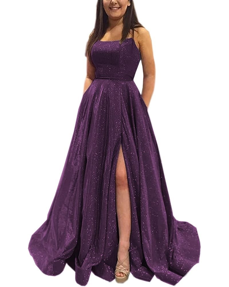 Women's Glitter Prom Dresses 2024 Split Spaghetti Strap Long Formal Evening Party Ball Gown with Pockets DE44 Grape $37.26 Dr...