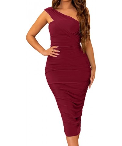 Women's One Shoulder Ruched Bodycon Midi Dress Sexy Sleeveless Club Party Cocktail Long Dresses Burgundy $17.39 Dresses