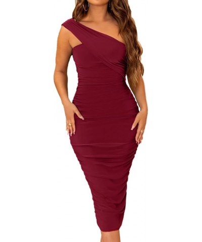 Women's One Shoulder Ruched Bodycon Midi Dress Sexy Sleeveless Club Party Cocktail Long Dresses Burgundy $17.39 Dresses