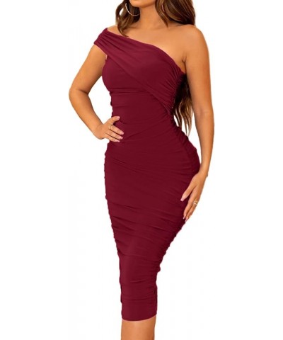 Women's One Shoulder Ruched Bodycon Midi Dress Sexy Sleeveless Club Party Cocktail Long Dresses Burgundy $17.39 Dresses