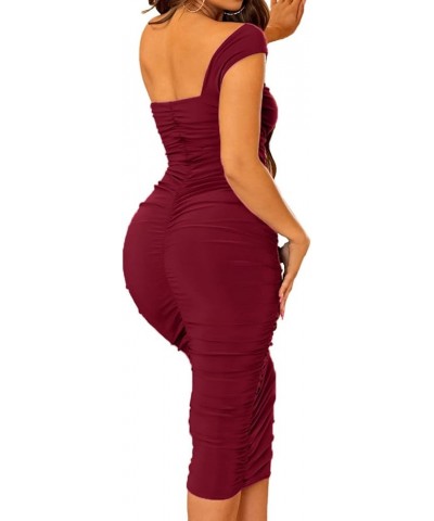 Women's One Shoulder Ruched Bodycon Midi Dress Sexy Sleeveless Club Party Cocktail Long Dresses Burgundy $17.39 Dresses