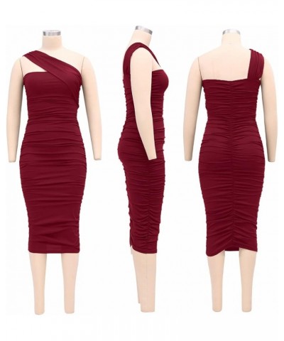 Women's One Shoulder Ruched Bodycon Midi Dress Sexy Sleeveless Club Party Cocktail Long Dresses Burgundy $17.39 Dresses