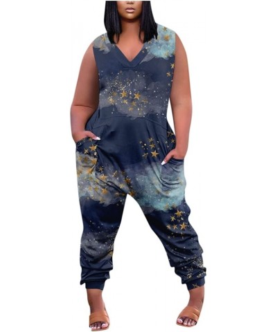 Women's Jumpsuits 2023 Fashion Casual Print Sleeveless Plus Size Jumpsuit With Pockets Summer Pants 2-navy $10.25 Jumpsuits