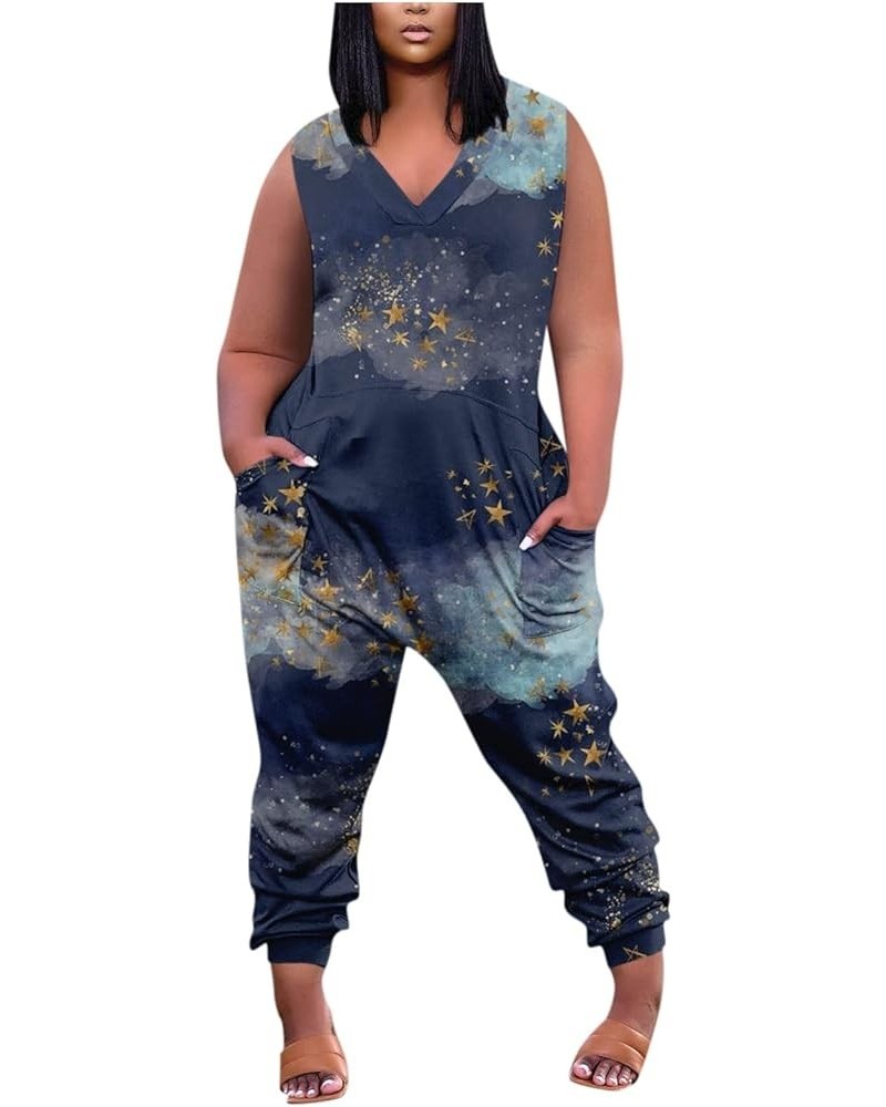 Women's Jumpsuits 2023 Fashion Casual Print Sleeveless Plus Size Jumpsuit With Pockets Summer Pants 2-navy $10.25 Jumpsuits