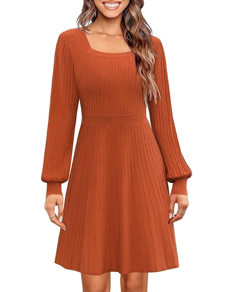 Sweater Dress for Women Long Sleeve Square Neck Knee Length Casual Knit Dresses Brown $31.32 Sweaters