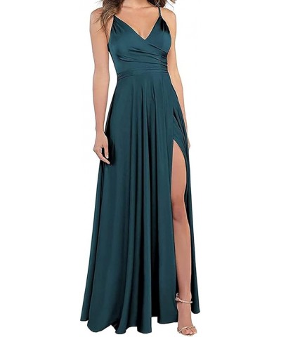 V Neck Prom Dress Satin Bridesmaid Dresses Long Slit Formal Evening Gowns for Women HS001 Teal $27.00 Dresses