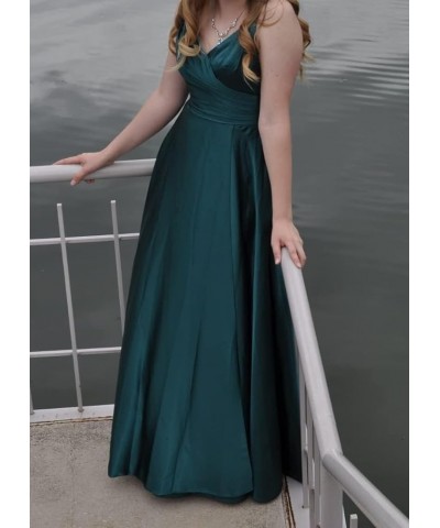 V Neck Prom Dress Satin Bridesmaid Dresses Long Slit Formal Evening Gowns for Women HS001 Teal $27.00 Dresses