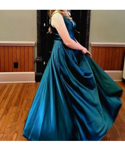 V Neck Prom Dress Satin Bridesmaid Dresses Long Slit Formal Evening Gowns for Women HS001 Teal $27.00 Dresses