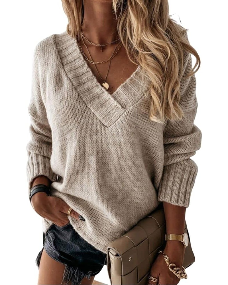 Women's Sexy V Neck Long Sleeve Sweater Pullover Autumn Loose Solid Color Oversized Knit Pullover Sweater Top Sexy V Neck11 $...