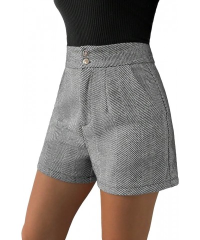 Women's Herringbone Print High Waisted Straight Leg Button Shorts with Pockets Black $14.70 Shorts