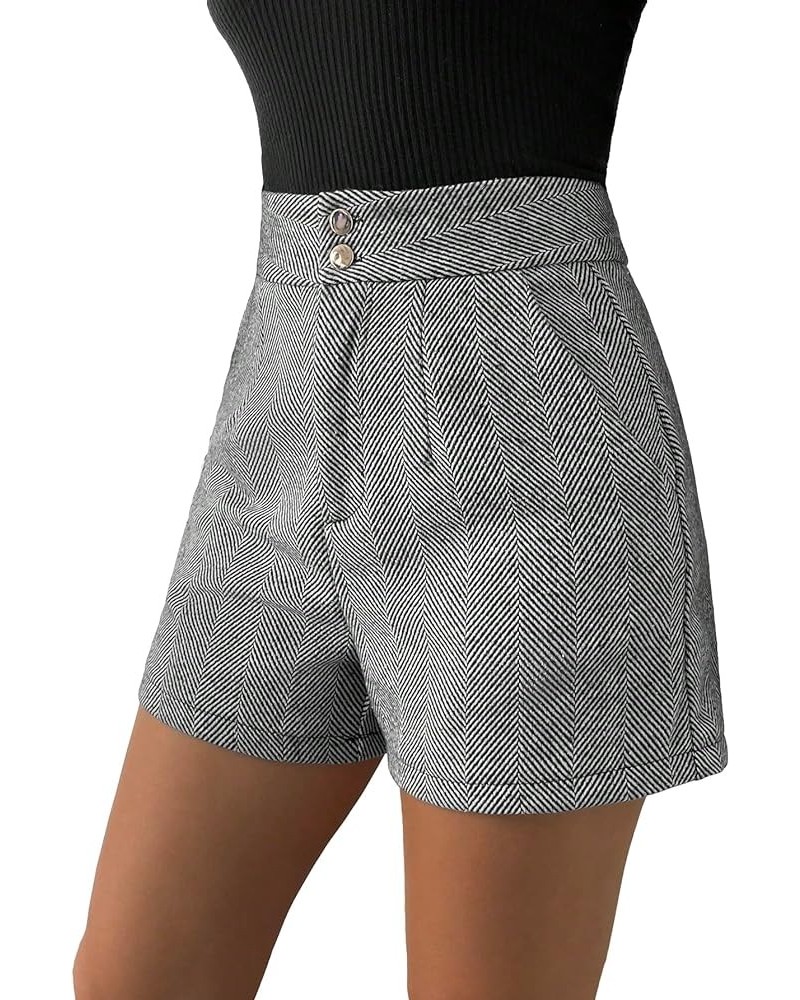 Women's Herringbone Print High Waisted Straight Leg Button Shorts with Pockets Black $14.70 Shorts