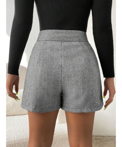 Women's Herringbone Print High Waisted Straight Leg Button Shorts with Pockets Black $14.70 Shorts