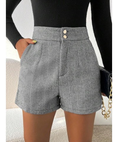 Women's Herringbone Print High Waisted Straight Leg Button Shorts with Pockets Black $14.70 Shorts