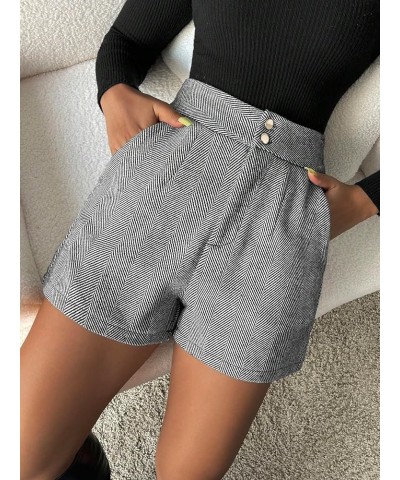 Women's Herringbone Print High Waisted Straight Leg Button Shorts with Pockets Black $14.70 Shorts