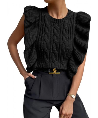 Cable Knit Ruffle Trim Sweater Vest Crew Neck Sleeveless Crop Tank Tops Knitwear for Women Black $16.17 Sweaters