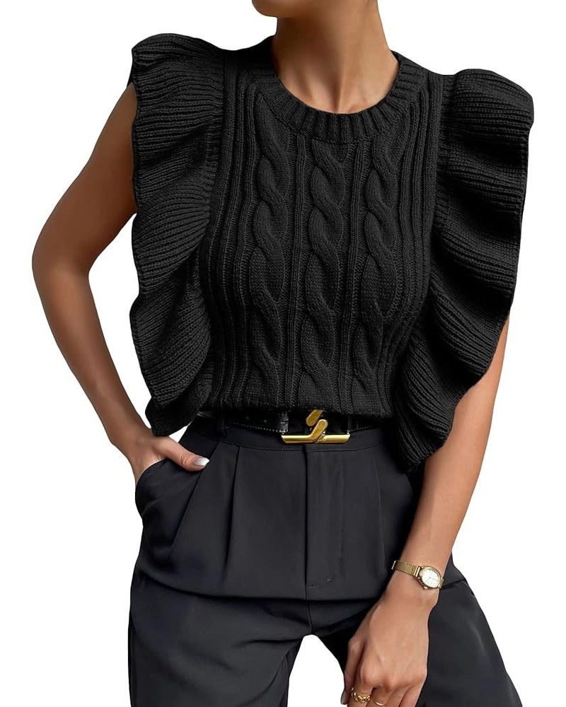 Cable Knit Ruffle Trim Sweater Vest Crew Neck Sleeveless Crop Tank Tops Knitwear for Women Black $16.17 Sweaters