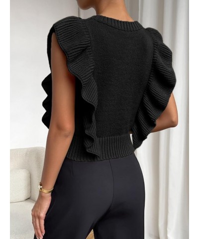 Cable Knit Ruffle Trim Sweater Vest Crew Neck Sleeveless Crop Tank Tops Knitwear for Women Black $16.17 Sweaters