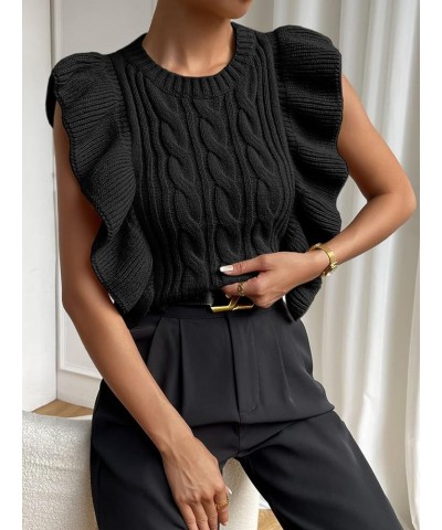 Cable Knit Ruffle Trim Sweater Vest Crew Neck Sleeveless Crop Tank Tops Knitwear for Women Black $16.17 Sweaters