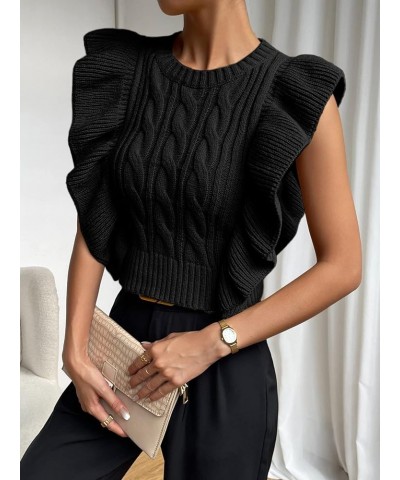 Cable Knit Ruffle Trim Sweater Vest Crew Neck Sleeveless Crop Tank Tops Knitwear for Women Black $16.17 Sweaters