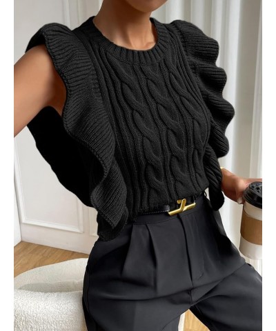 Cable Knit Ruffle Trim Sweater Vest Crew Neck Sleeveless Crop Tank Tops Knitwear for Women Black $16.17 Sweaters