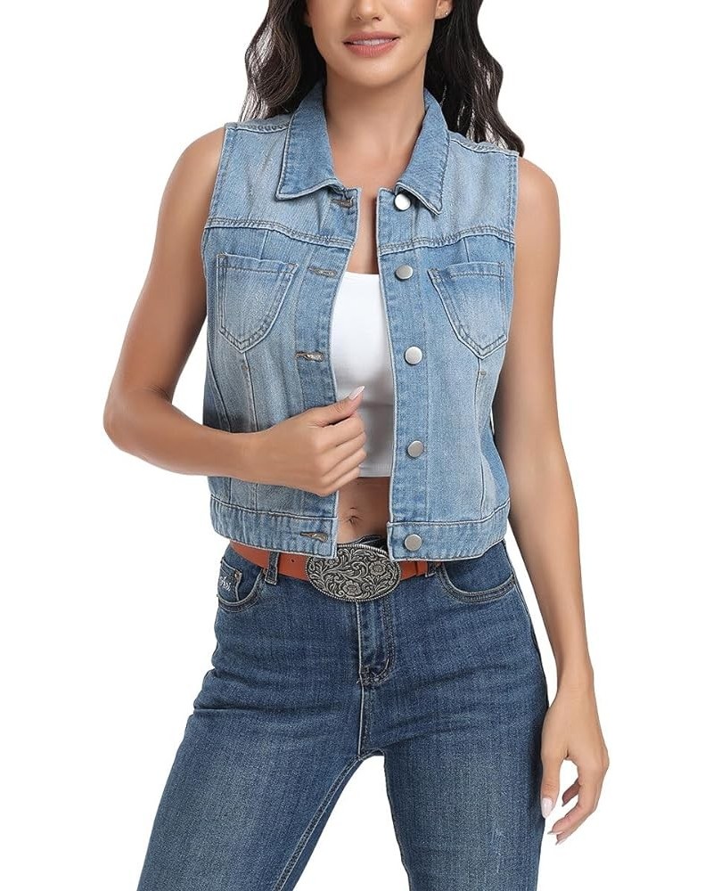 Women’s Denim Vest Sleeveless Classic Cropped Distressed Spread Collar Button Jean Vest Jackets With Pockets Light Blue $22.6...