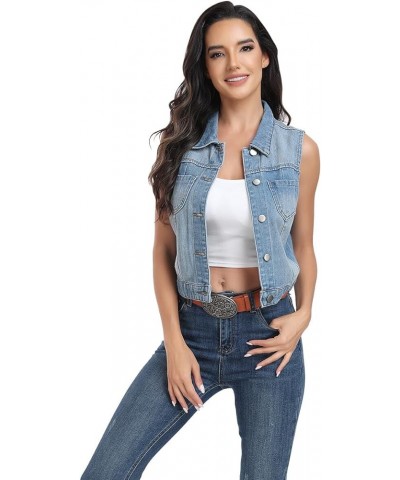 Women’s Denim Vest Sleeveless Classic Cropped Distressed Spread Collar Button Jean Vest Jackets With Pockets Light Blue $22.6...