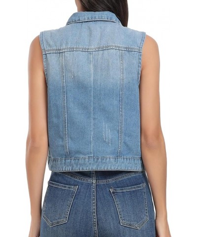 Women’s Denim Vest Sleeveless Classic Cropped Distressed Spread Collar Button Jean Vest Jackets With Pockets Light Blue $22.6...