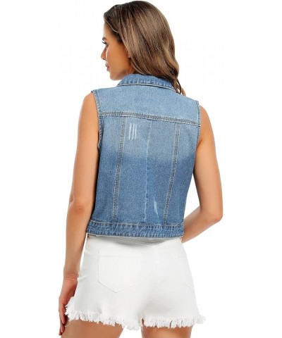 Women’s Denim Vest Sleeveless Classic Cropped Distressed Spread Collar Button Jean Vest Jackets With Pockets Light Blue $22.6...