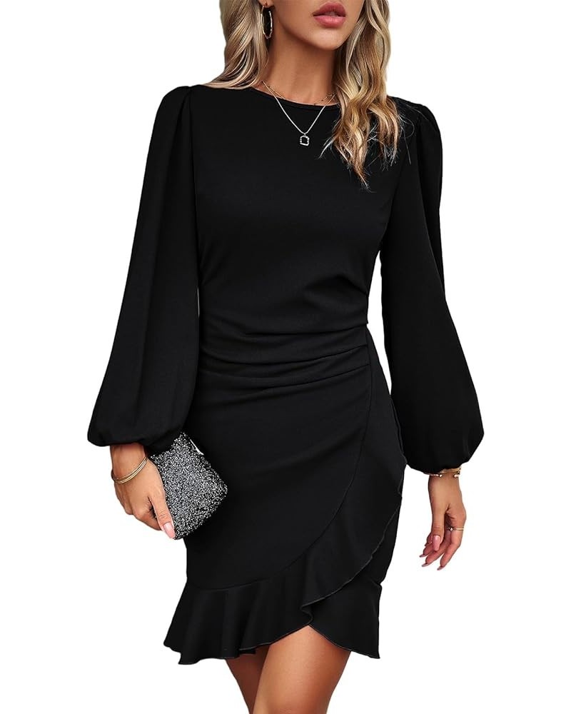 Women's Long Sleeves Bodycon Mini Dress Ruched Puff Sleeve Ruffle Hem Round Neck Cocktail Party Work Office Dress Black $19.6...