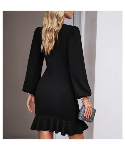 Women's Long Sleeves Bodycon Mini Dress Ruched Puff Sleeve Ruffle Hem Round Neck Cocktail Party Work Office Dress Black $19.6...