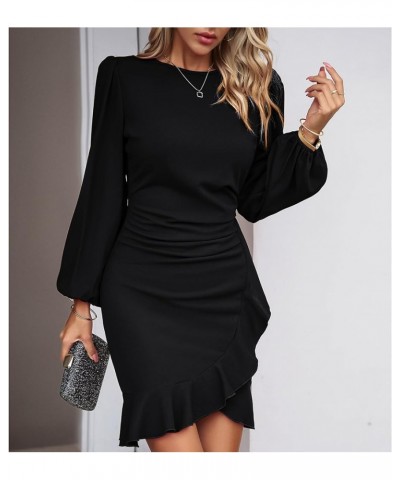 Women's Long Sleeves Bodycon Mini Dress Ruched Puff Sleeve Ruffle Hem Round Neck Cocktail Party Work Office Dress Black $19.6...