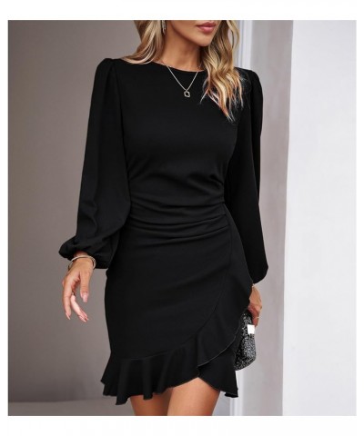 Women's Long Sleeves Bodycon Mini Dress Ruched Puff Sleeve Ruffle Hem Round Neck Cocktail Party Work Office Dress Black $19.6...